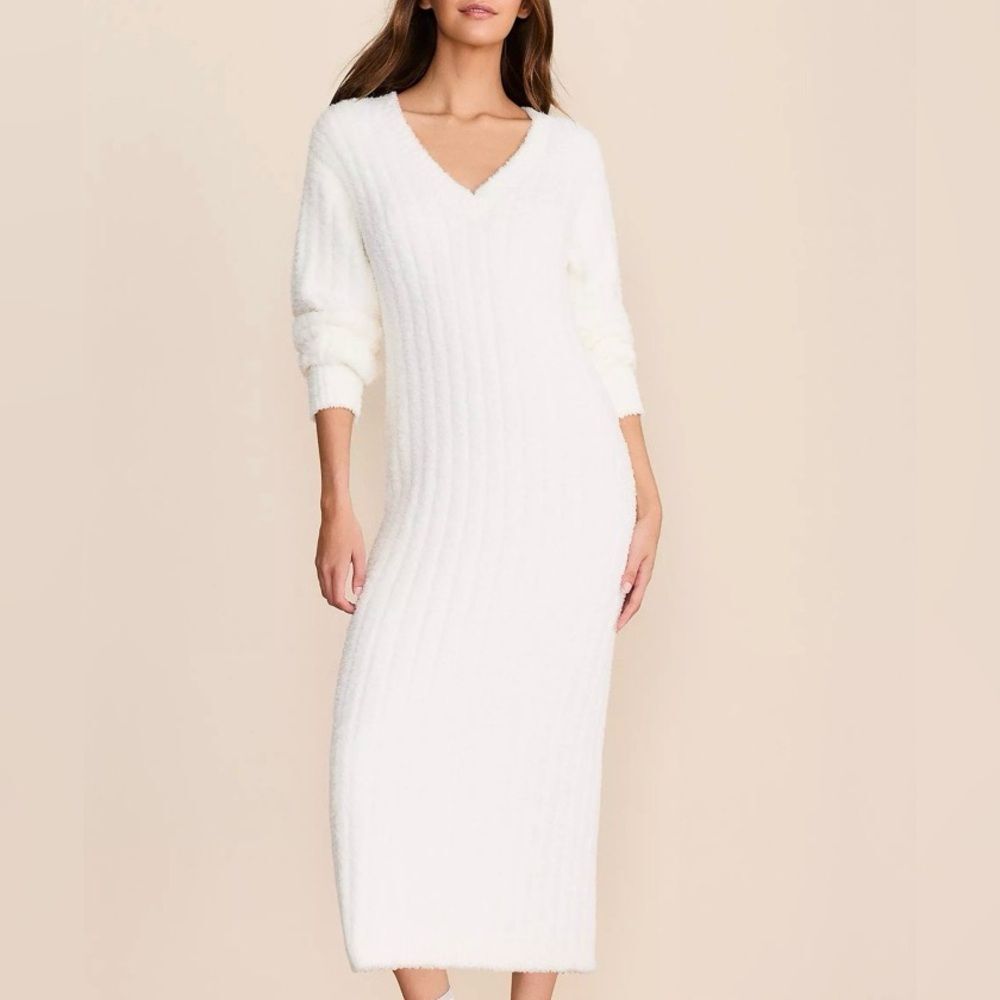 NEW Lou & Grey Sweater Dress Womens Size S Cream Ribbed Knit V Neck Maxi Poly